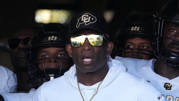 Colorado Buffaloes head coach Deion Sanders enters the field before the game against the UCLA Bruins at Rose Bowl. UCLA defeated Colorado 28-16.